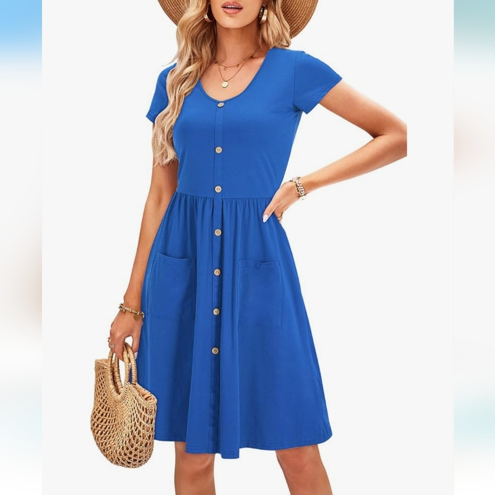 Blue Cotton V Neck Ouges Dress